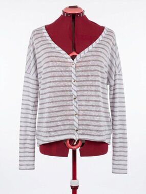 M&Co - Striped Button-Down Lightweight Cardigan – Grey & White – Size L